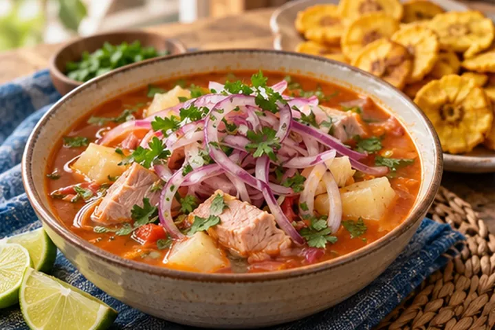 Эквадорский энсебольядо с тунцом, юкой, красным луком и лаймом