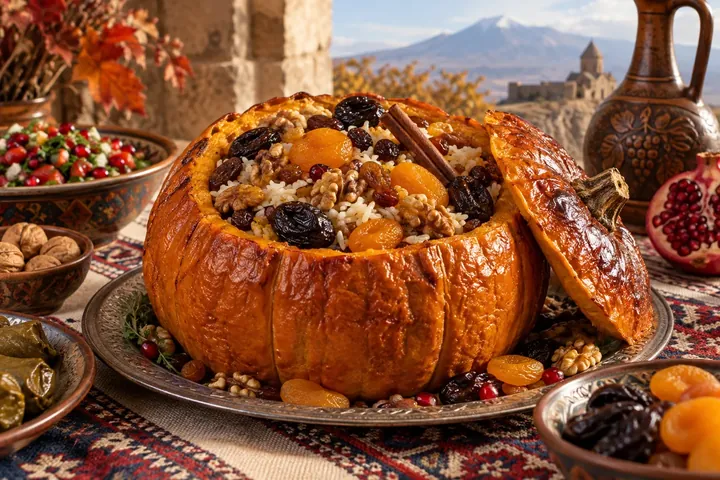 Армянская запечённая тыква гапама с рисом, сухофруктами и орехами