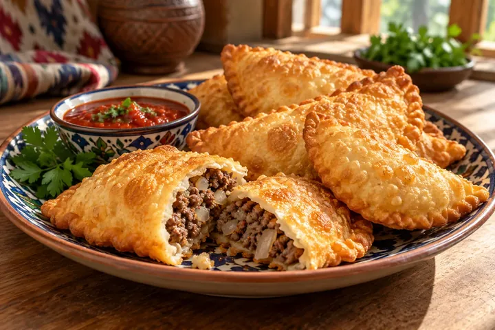 Жареная хорезмская гумма с говядиной и луком, золотистые пирожки с тонким тестом