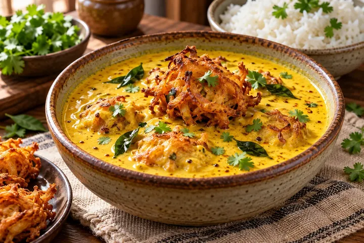 Пенджабская кхадхи с луковыми пакорами и пряной заправкой
