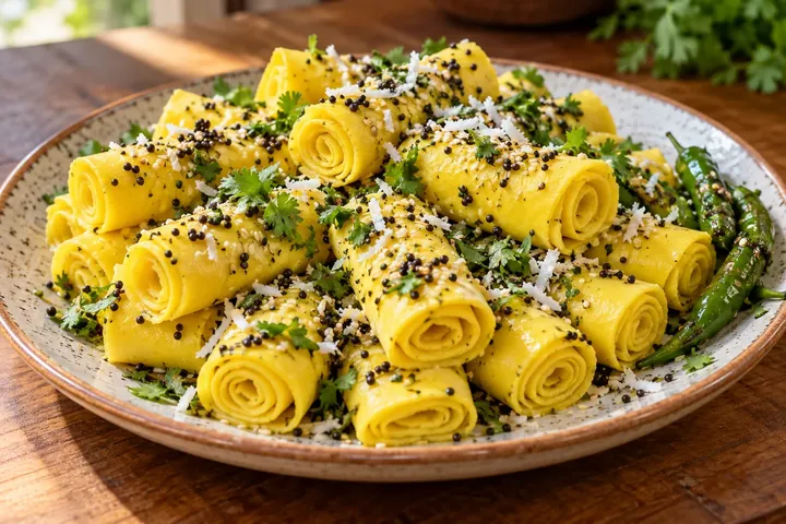 Кхандви – жёлтые рулетики из нутовой муки с горчицей и кунжутом