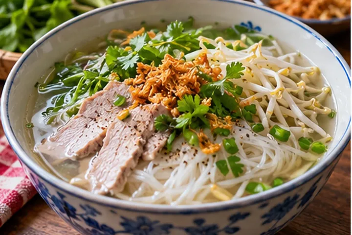 Камбоджийский куй-тиав с рисовой лапшой, свининой, зеленью и жареным чесноком