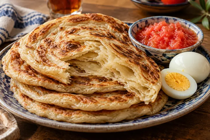 Золотистый слоёный малауах с томатной сальсой и варёным яйцом