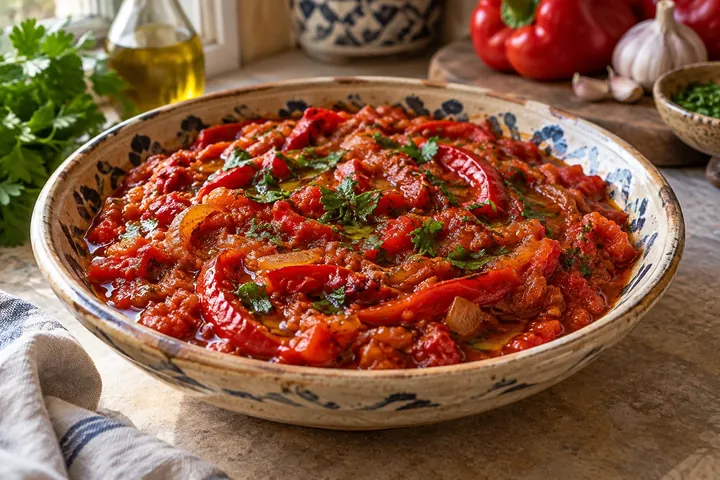 Матбуха с красным перцем, томатами и зеленью
