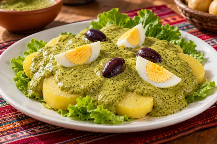 Окопа арекипенья – ломтики картофеля под густым зелёным соусом с яйцом и оливками