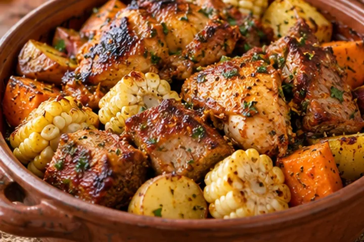 Перуанская пачаманка с мясом, картофелем, бататом и кукурузой