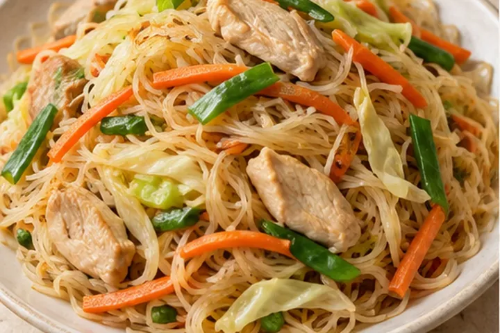 Филиппинский панцит бихон с рисовой лапшой, курицей, морковью и капустой