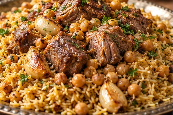 Кидра по-хевронски с бараниной, пряным рисом, нутом и целым чесноком