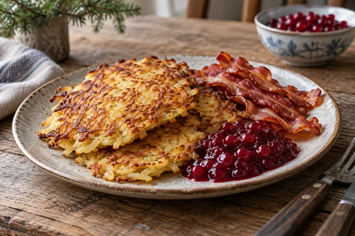 Шведские картофельные оладьи раггмунк с беконом и брусникой