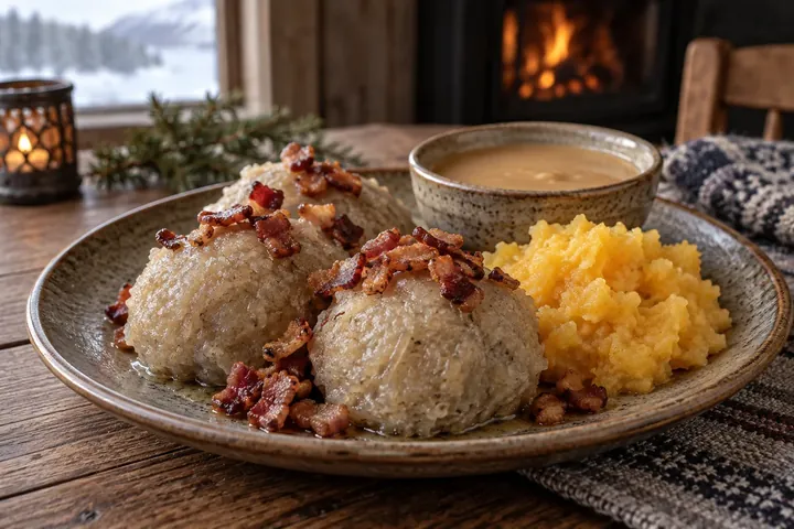 Норвежские картофельные клёцки распе-баллер с беконом и брюквой