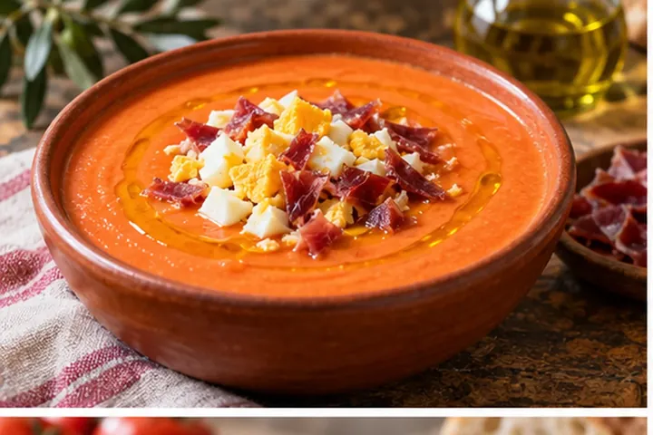 Густой кордовский сальморехо с яйцом, хамоном и оливковым маслом