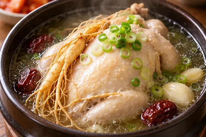 Корейский суп самгетхан с целой курицей, женьшенем, чесноком и финиками