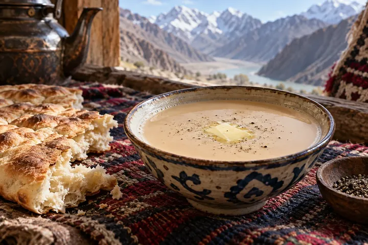 Ширчой – чашка солёного молочного чая с хлебом и кусочком масла