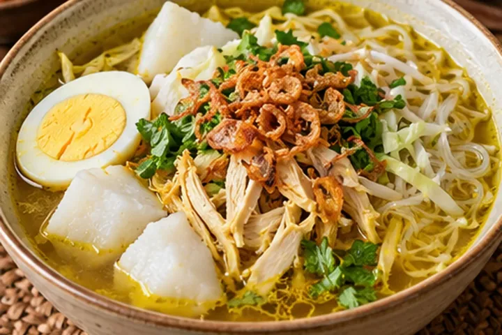 Сото аям – золотистый индонезийский суп с курицей, яйцом и лапшой