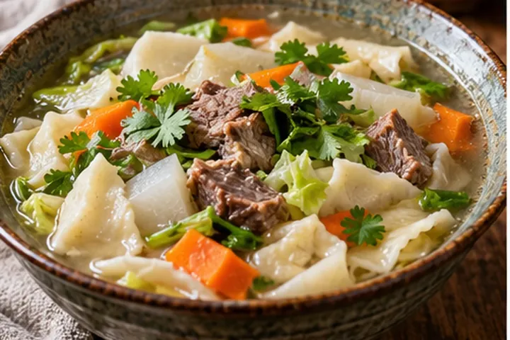 Тибетский тхентук с говядиной, дайконом и рваными кусочками теста