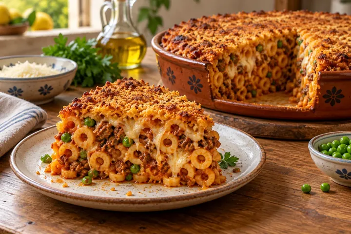 Сицилийский тимбалло из анеллетти с мясным рагу, горошком и сыром