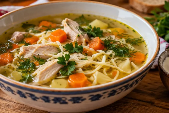 Молдавская зеама с курицей, домашней лапшой, зеленью и сметаной
