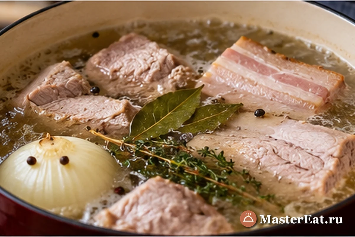 Мясо варится с луком и травами