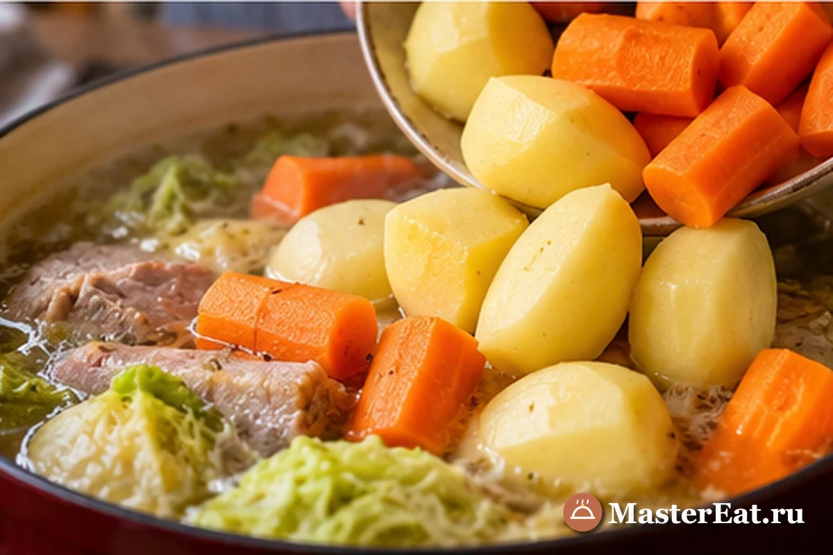 Корнеплоды тушатся с мясом