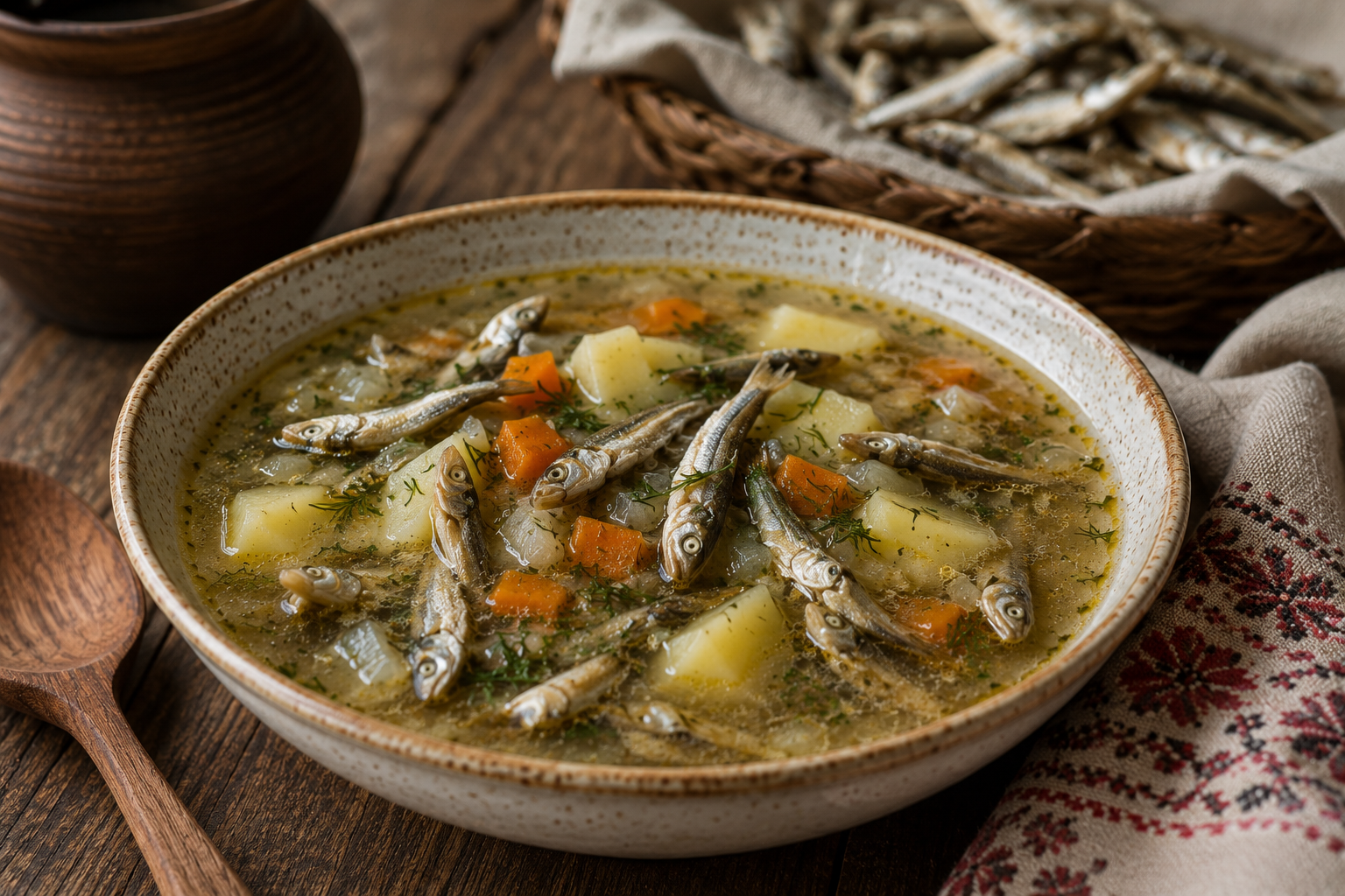 Псковская похлёбка с сушёными снетками, картофелем, морковью и луком