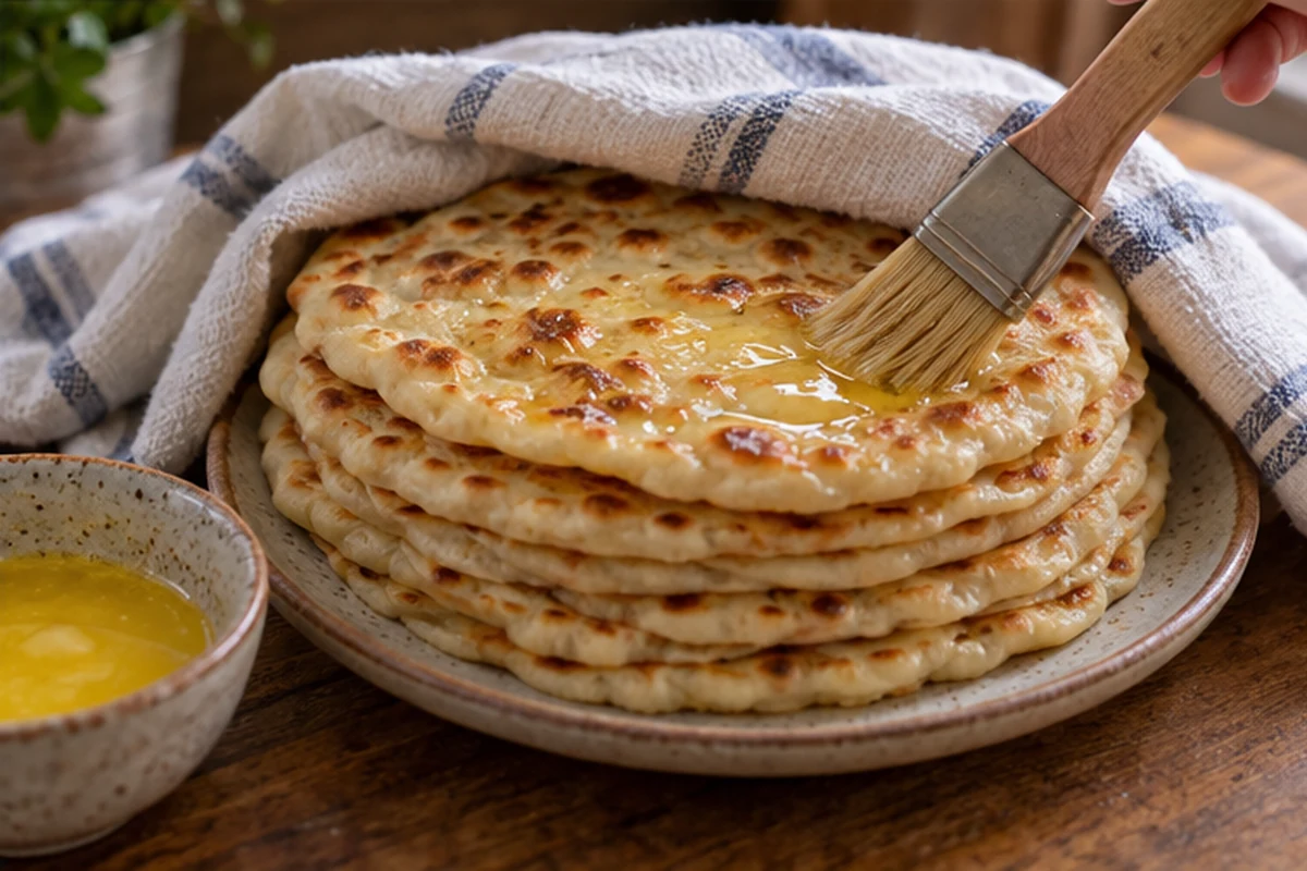 Сразу смажьте горячие лепёшки сливочным маслом, сложите стопкой и накройте полотенцем на 10 минут.
