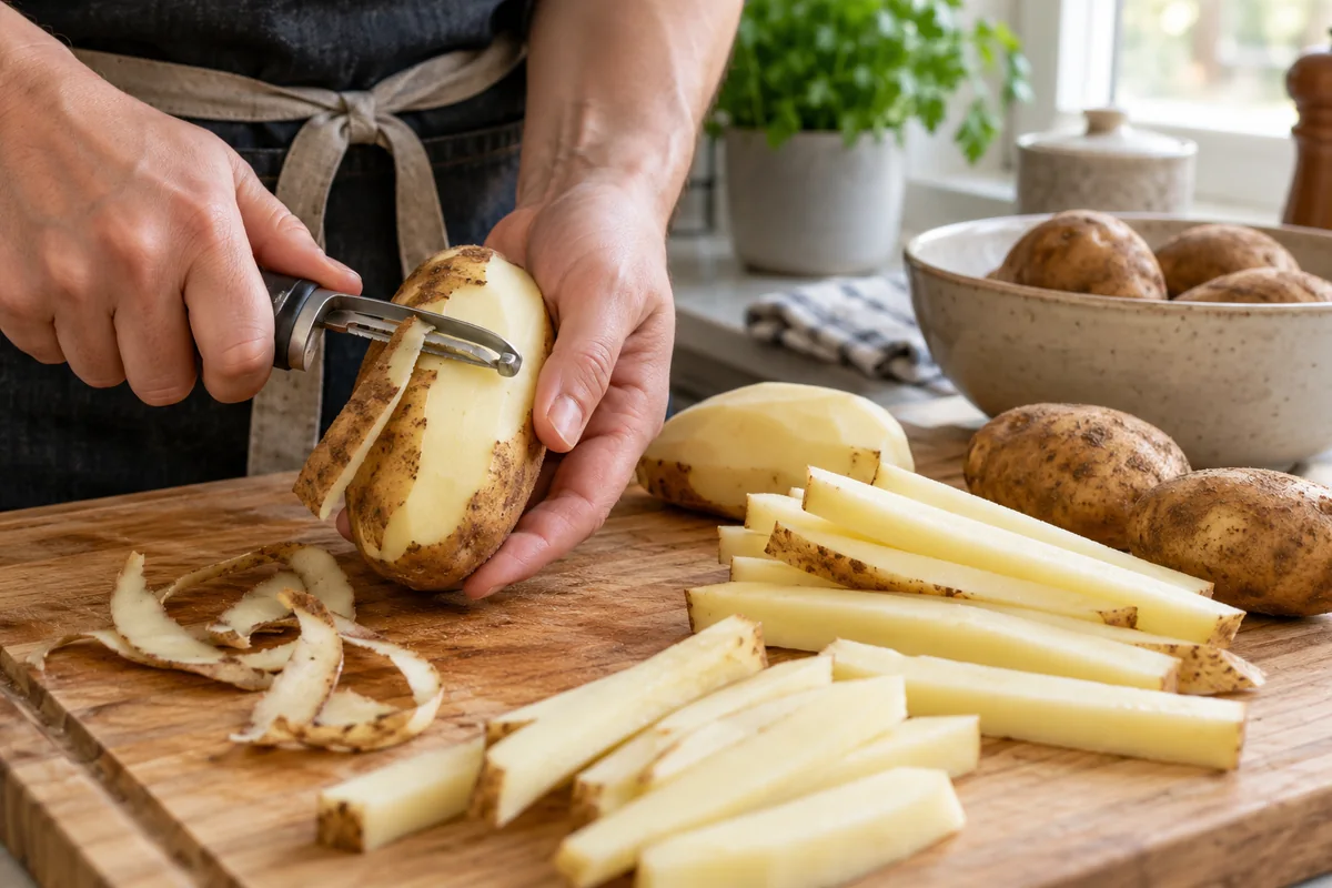 Картофель очищают и нарезают ровными брусочками