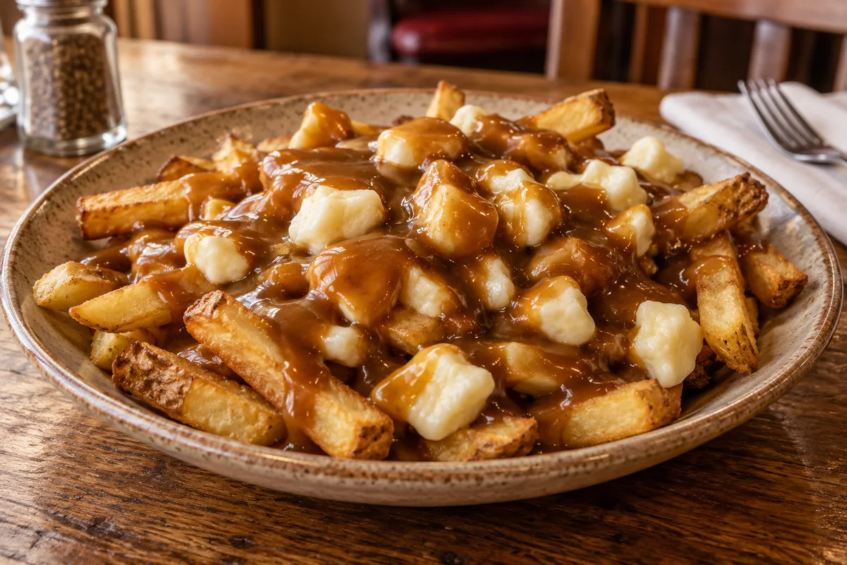 Путин подают с картофелем фри, сырными зернами и горячим соусом gravy