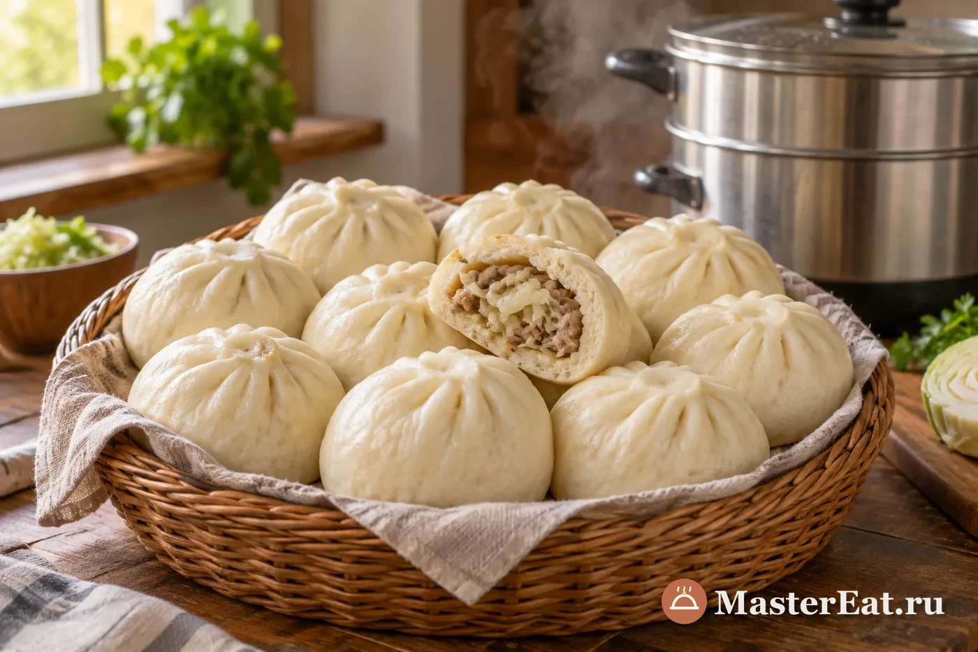 Белые паровые пирожки пянсе с мясной начинкой и капустой