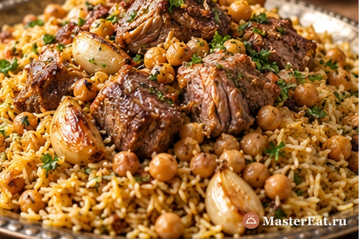 Кидра по-хевронски с бараниной, пряным рисом, нутом и целым чесноком