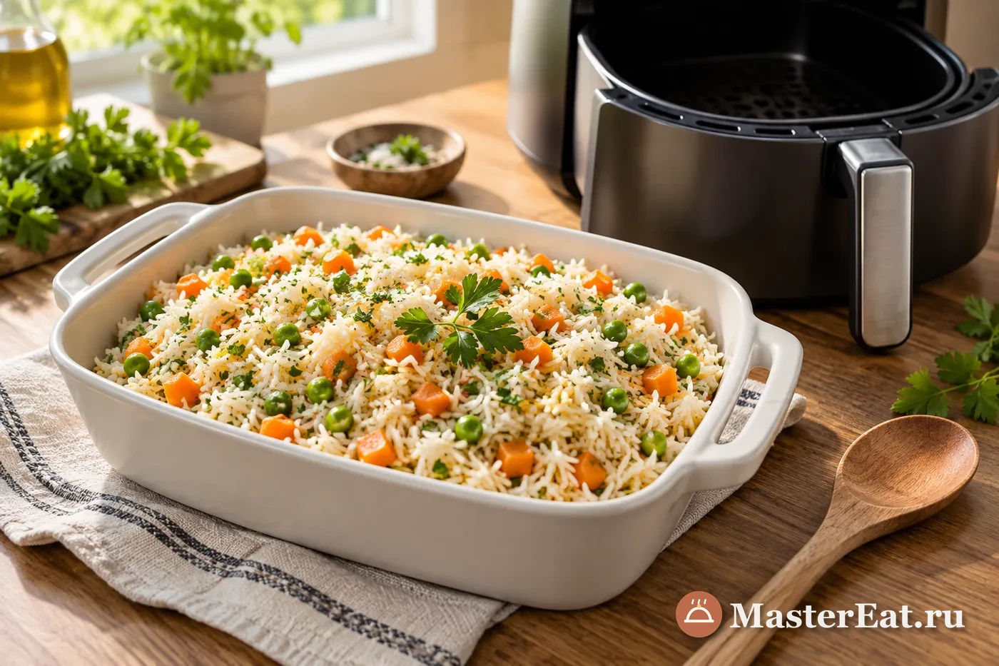 Рассыпчатый рис с морковью и зелёным горошком в форме рядом с аэрогрилем