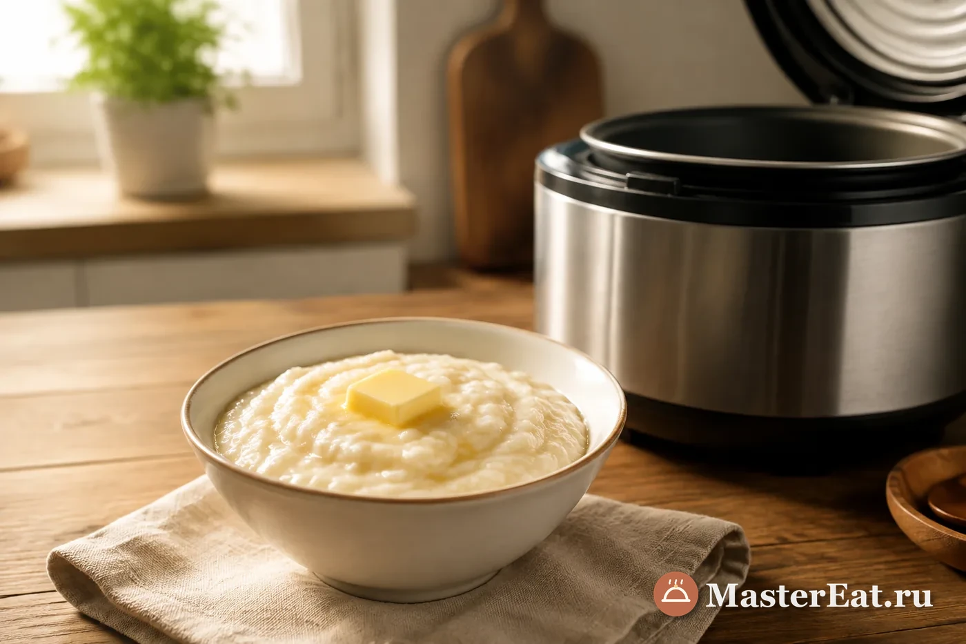 Кремовая рисовая каша с кусочком сливочного масла в светлой миске