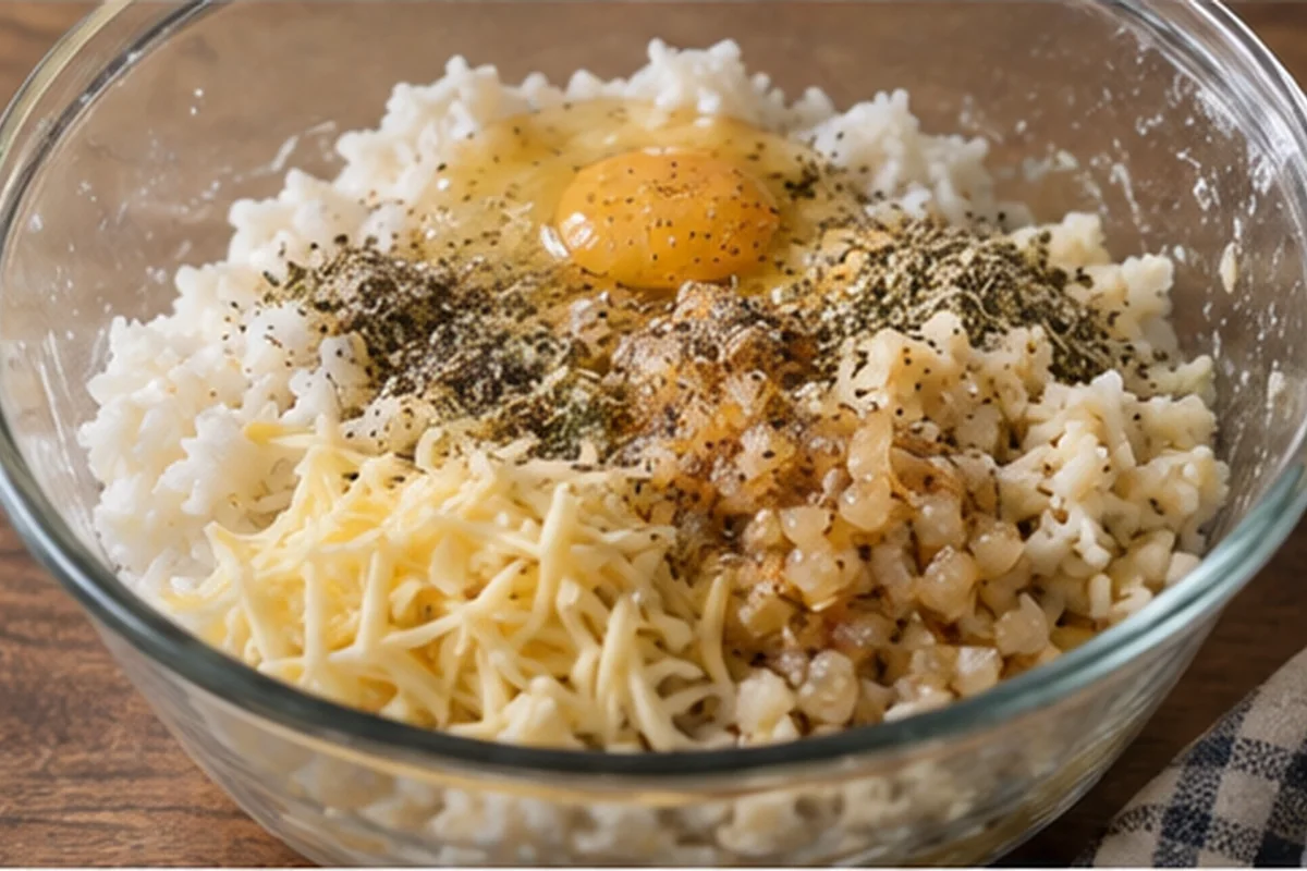 Рис смешан с сыром, яйцами, луком и частью панировочных сухарей
