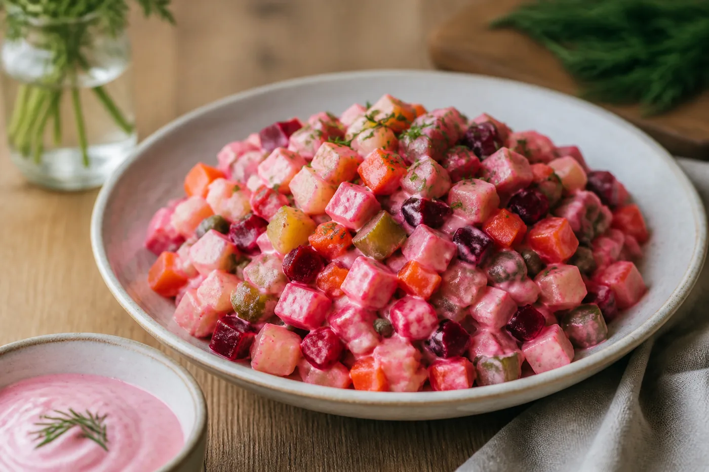 Финский салат росолли со свёклой и солёным огурцом