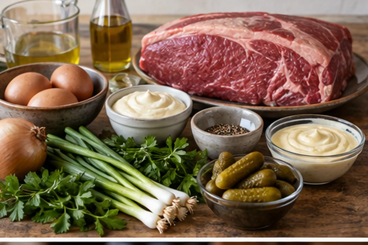 Говядина и продукты для холодного соуса к ростбифу
