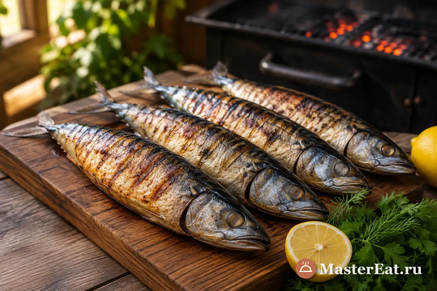 Четыре целые скумбрии с румяной кожей и полосками решётки