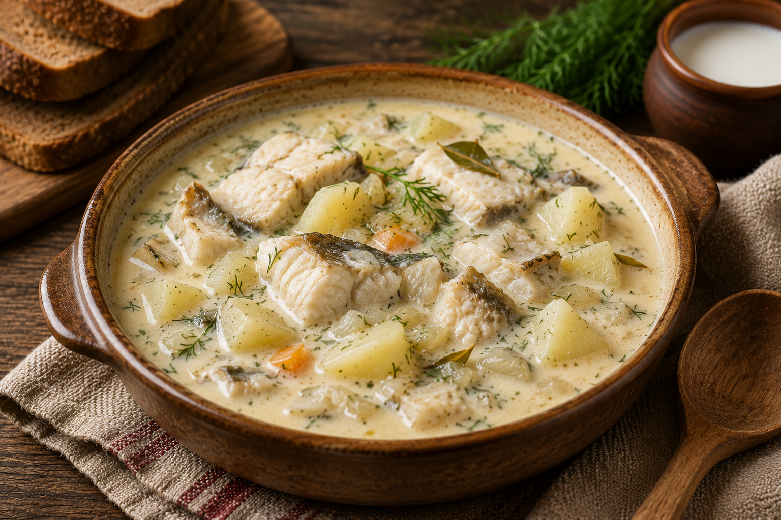 Куски трески и картофель в густом молочном соусе по-поморски