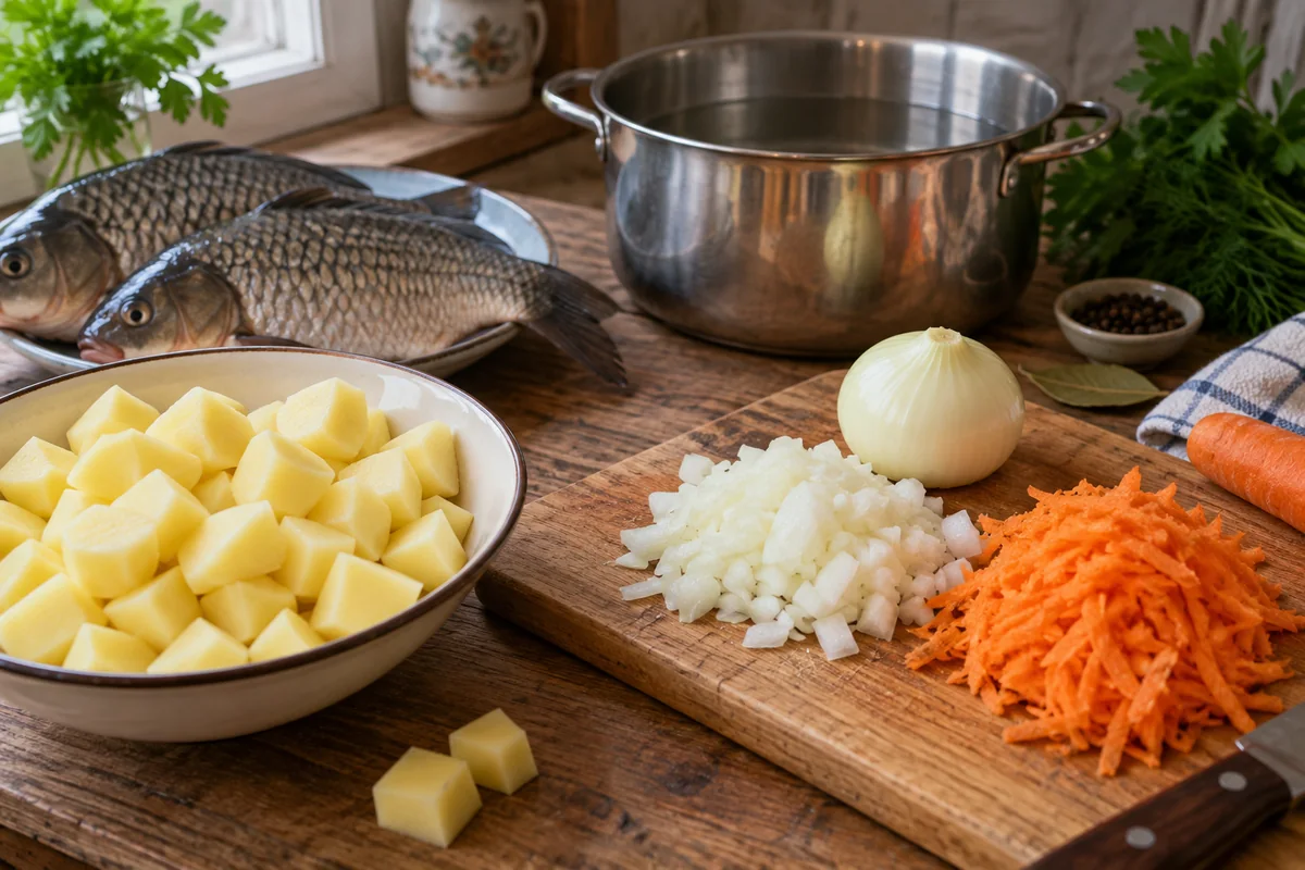 Картофель нарезают кубиками, лук и морковь подготавливают для ухи
