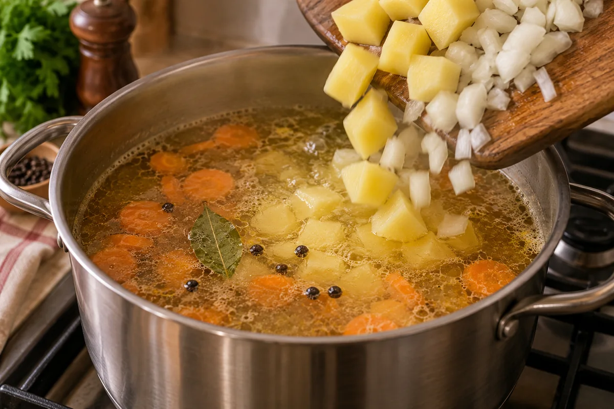 Кусочки картофеля и нарезанный лук добавляют в бульон