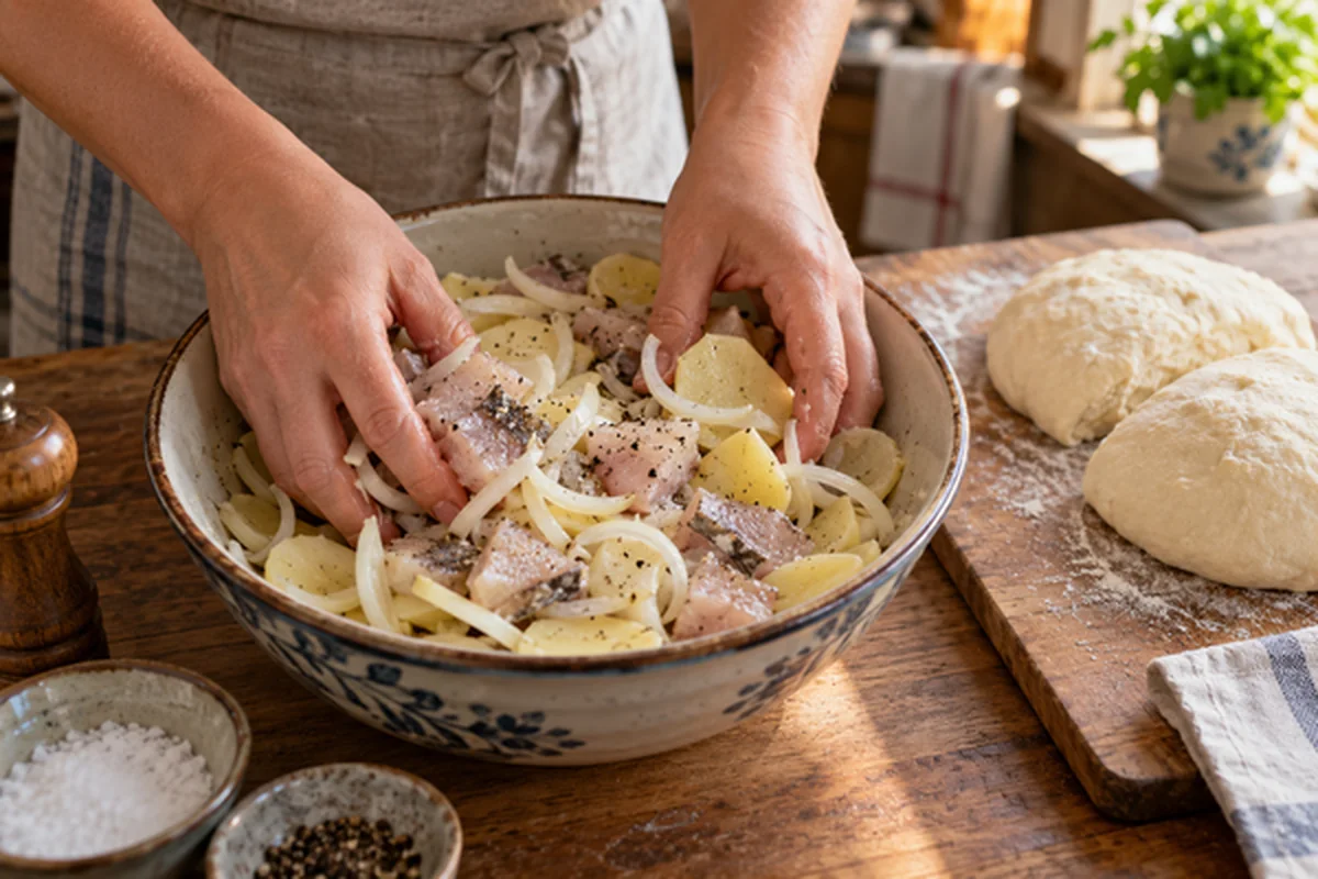 Кусочки сазана смешивают с картофелем, луком, солью и перцем