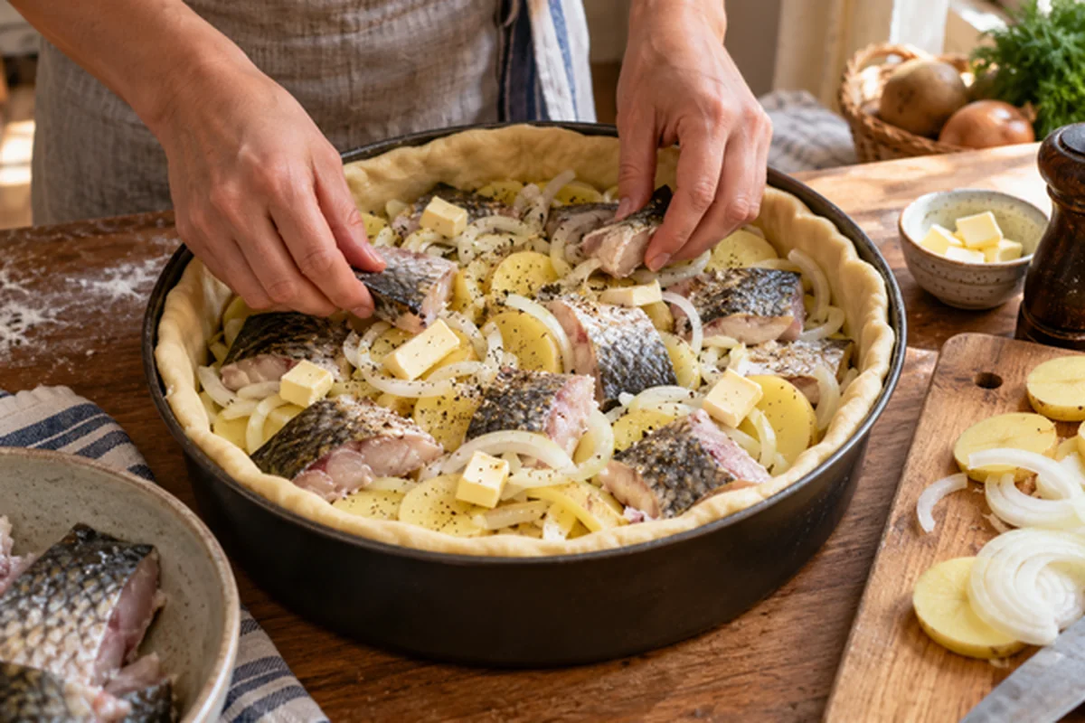 Начинку из сазана, картофеля, лука и сливочного масла укладывают в нижний пласт теста