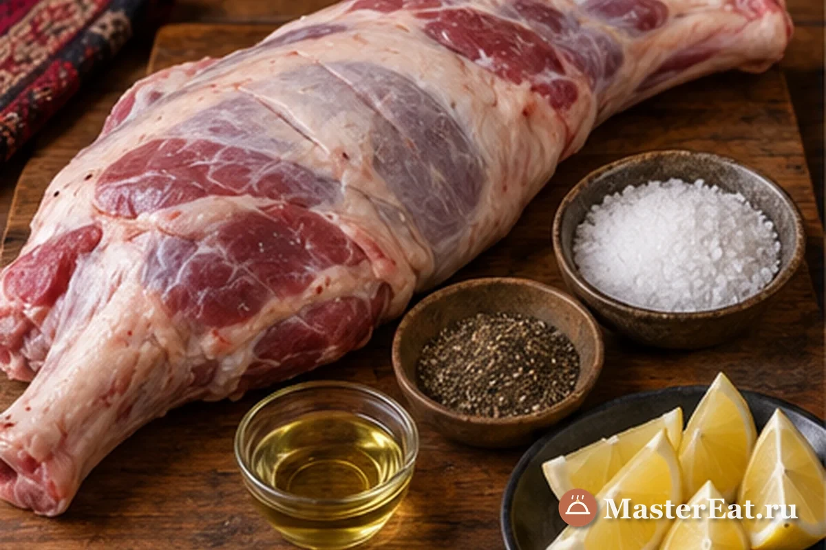 Баранья нога, соль, чёрный перец, масло и лимон для приготовления саджи