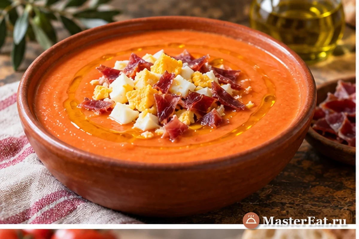 Густой кордовский сальморехо с яйцом, хамоном и оливковым маслом
