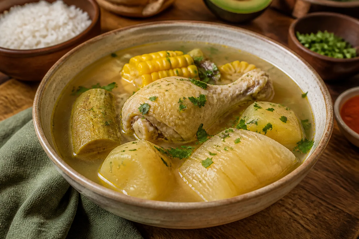Колумбийский санкочо с курицей, юкой, кукурузой и бананом