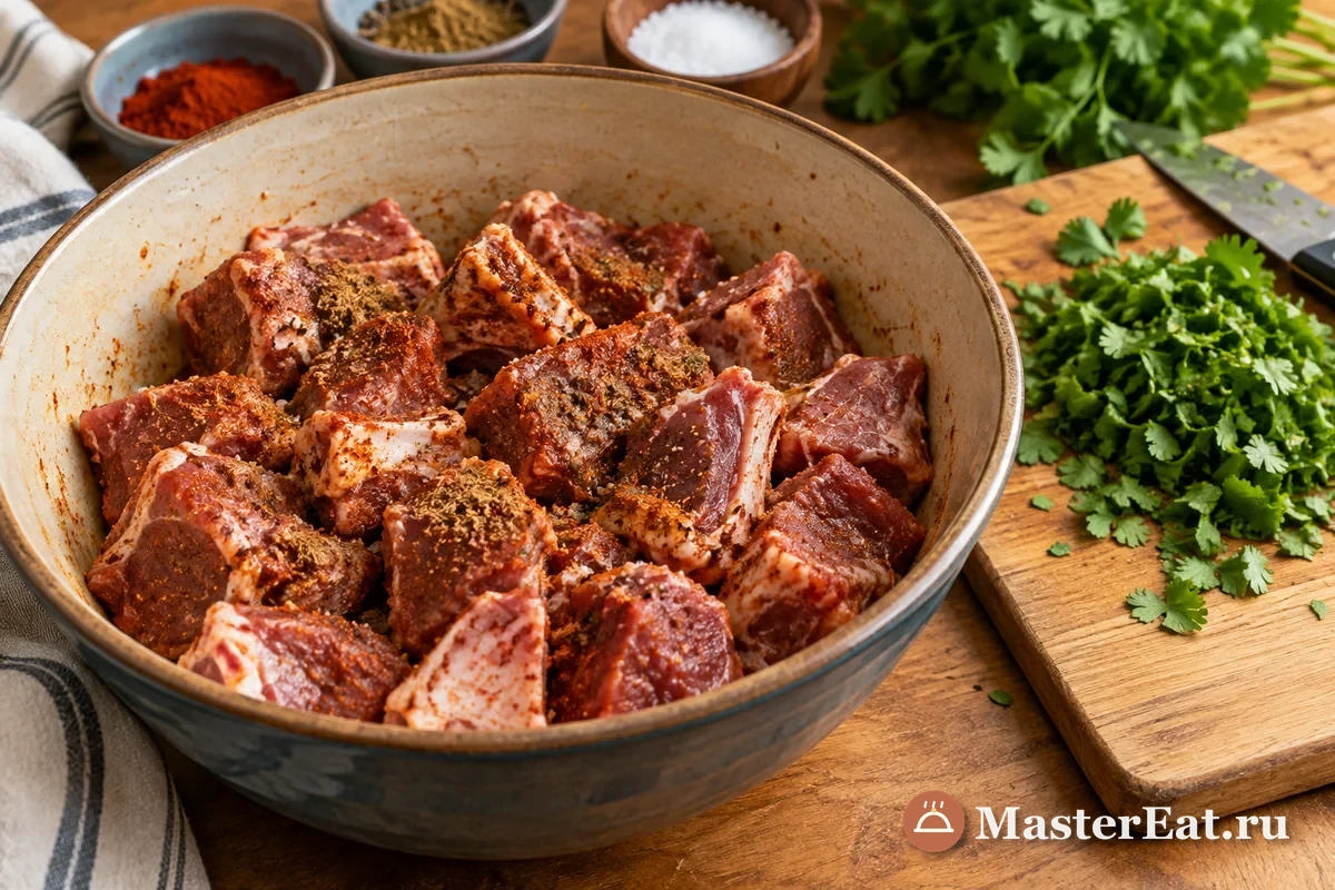 Куски козлятины перемешивают со специями и оставляют мариноваться