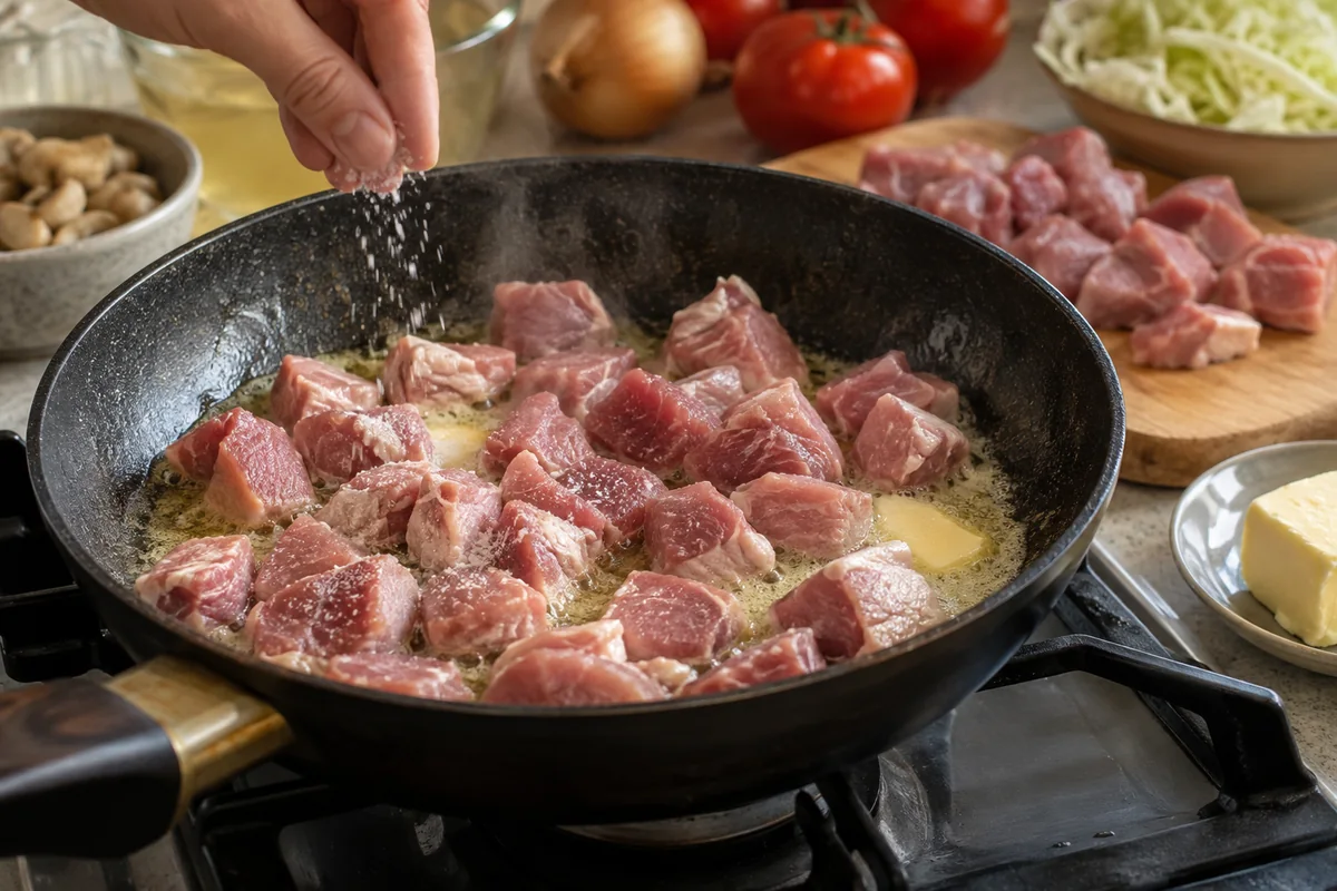 Шаг 2. На сковородке растопить 50-70 г сливочного масла, выложить порезанное мясо и присолить по вкусу.