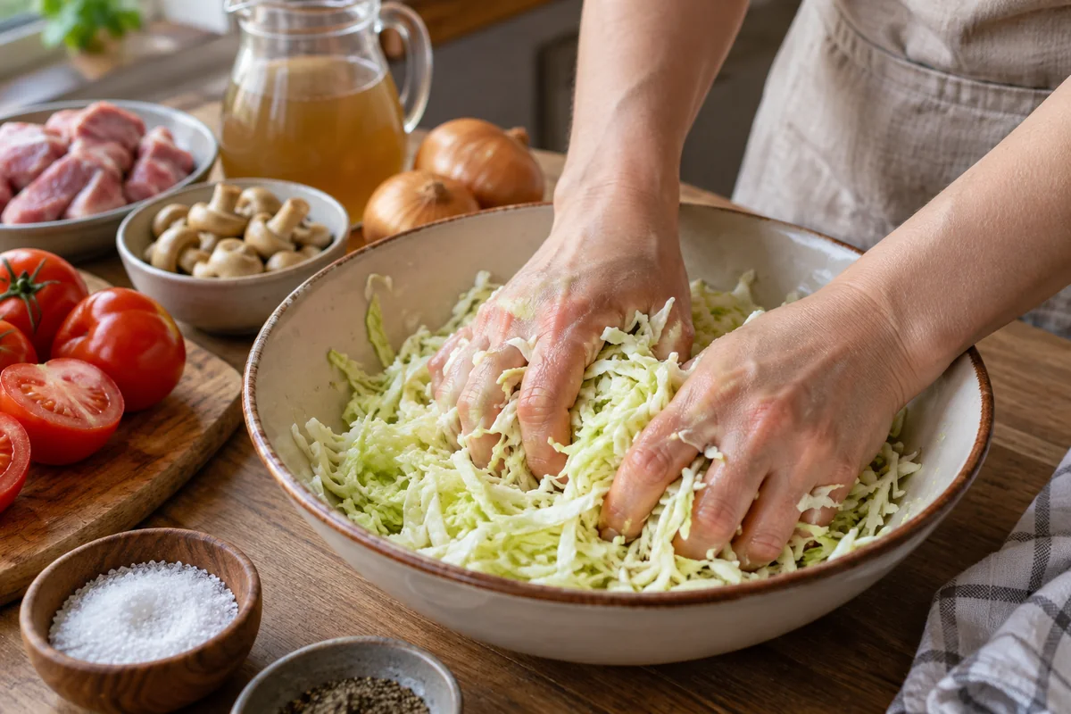 Шаг 5. Присолить по вкусу и перемять-перетереть руками, чтобы капуста стала мягкой и мокрой.