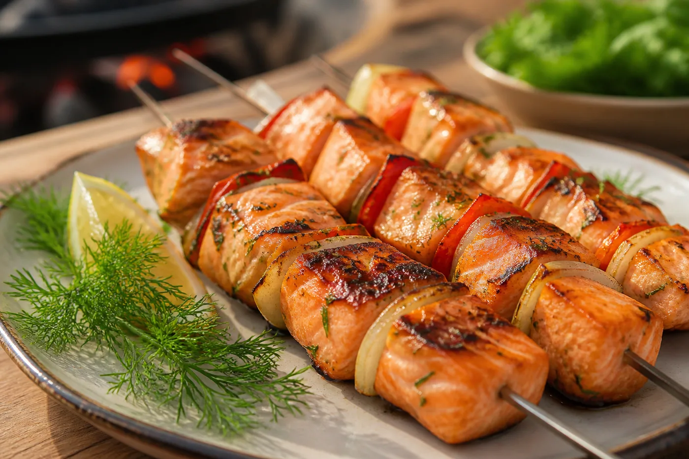 Шашлычки из лосося на мангале