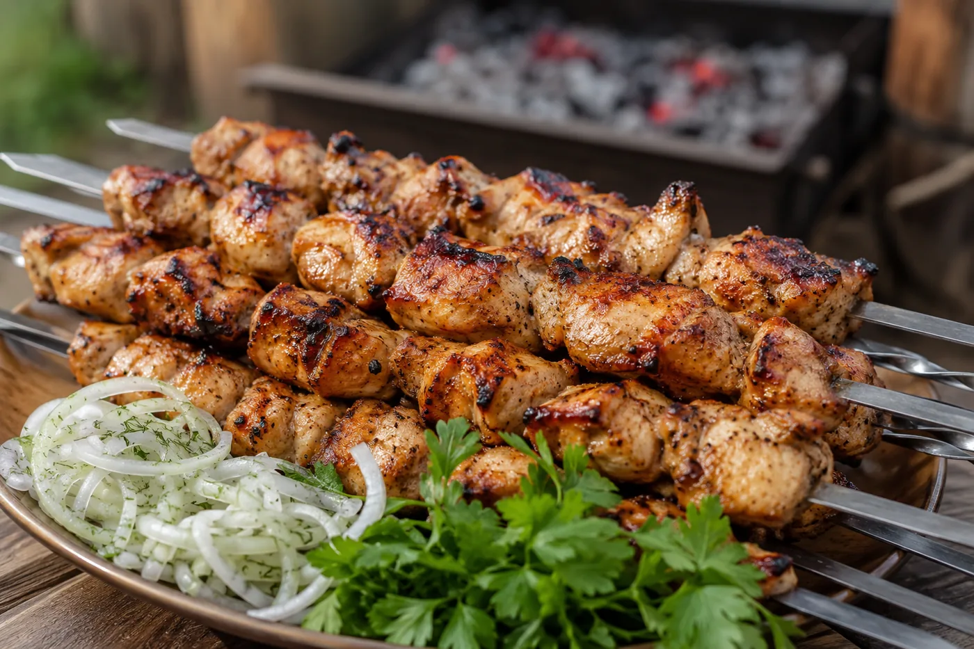Готовое блюдо: шашлык из куриных бёдер на мангале