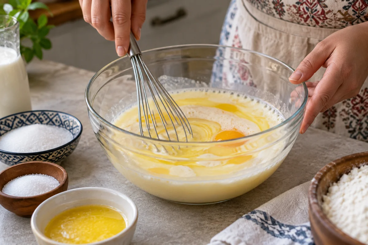 Шаг 1. Тёплое молоко смешивают с яйцом, сахаром, солью и растопленным маслом.