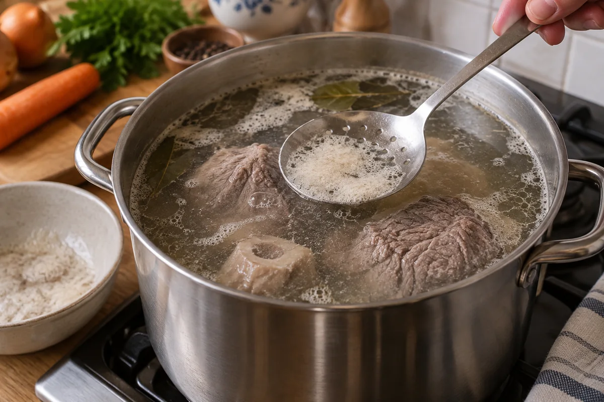 Шаг 2. Снимают пену и варят мясо при слабом кипении.